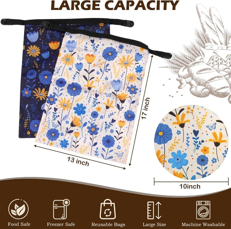Revahope 2 Pack Reusable Bread Bags for Homemade Bread, 17"×13" Sourdough Bread Storage Bags with Bowl Cover - Keep Loaf Fresh and Easy to Wash(Blue-Yellow Floral) - Image 4